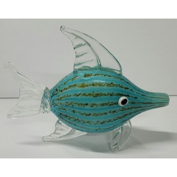 Murano Style Blown Art Glass Tropical Fish 10"L x 8" Teal w Stripes EUC - Picture 2 of 7